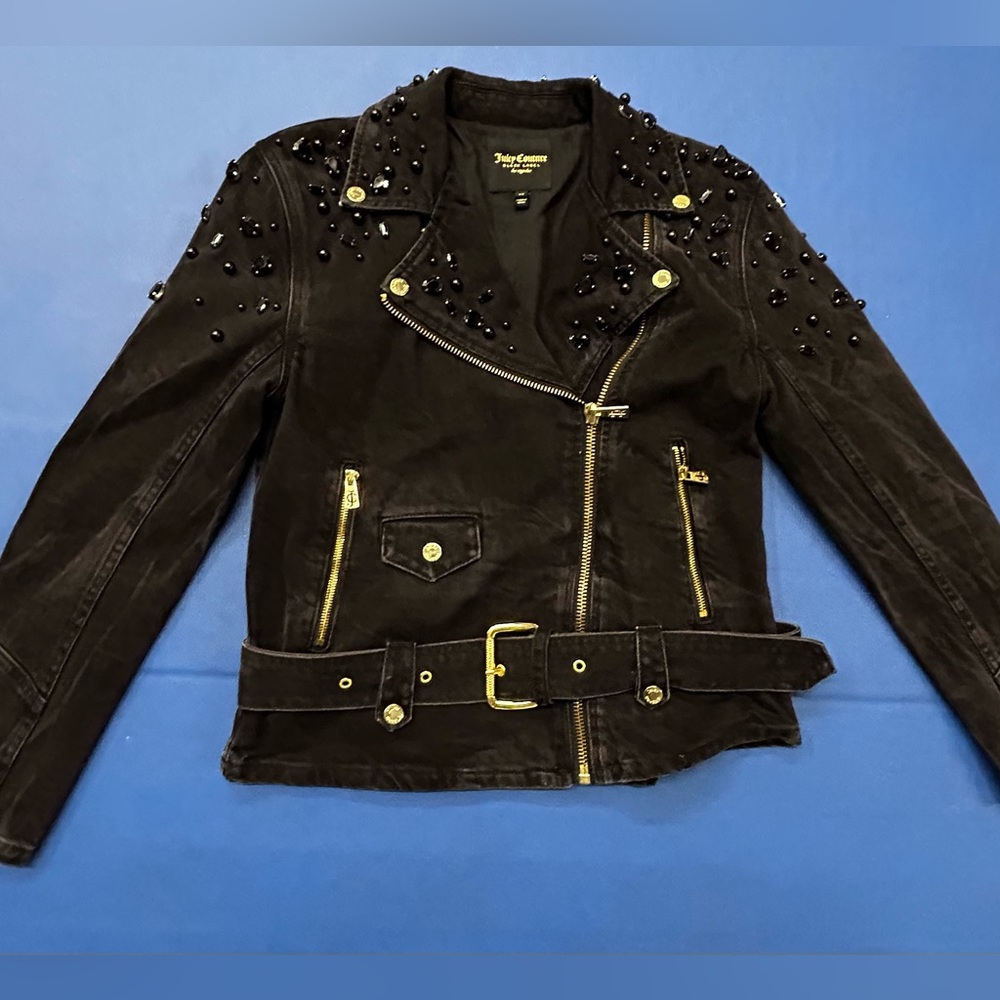 Juicy Couture Black Label embellished black denim biker jacket 100% cotton XS